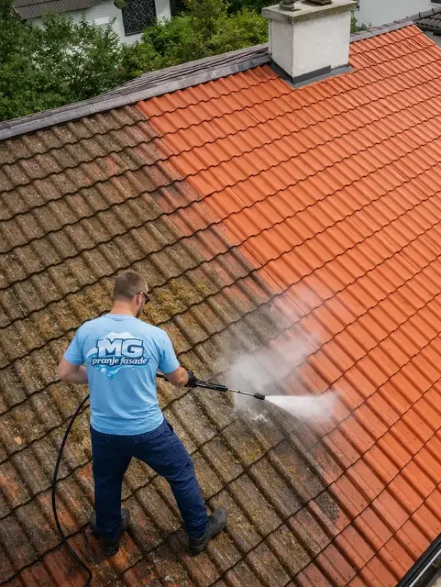 Pranje krova dronom snimljeno s visine – uklanjanje mahovine s crijepa, MG pranje fasade